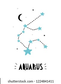 Aquarius Vector Sign.Cute Bright Hand Drawn Zodiac Vector Illustration.Blue, Black and Light Gray Stars on a White Background. Black Moon.Childish Style Starry Sky Illustration.Black Handwritten Text.