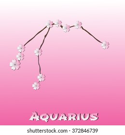 Aquarius vector Zodiac sign. Paper sakura flowers on pink background.