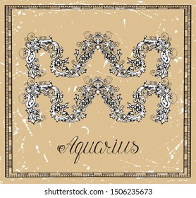 Aquarius or Water Bearer Zodiac sign on frame on texture. Collection of astrological symbols in baroque victorian style. Vector hand drawn illustration for Horoscope, Esoteric and Mystic background