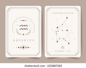 Aquarius. Tarjetas de brujería con signo de astrología zodiac y constelación. Perfecto para lectores de tarot y astrólogos. Oculta el fondo mágico. Plantilla de horóscopo. Ilustración vectorial al estilo boho.