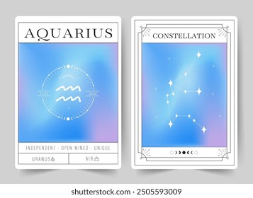 Aquarius. Witchcraft cards with astrology zodiac sign and constellation. Modern gradient blurred astrology posters in Y2k style. Perfect for tarot readers and astrologers. Vector illustration.