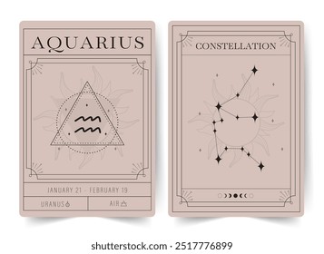 Aquarius. Witchcraft cards with astrology zodiac sign and constellation. Modern boho astrology posters. Perfect for tarot readers and astrologers. Vector illustration.