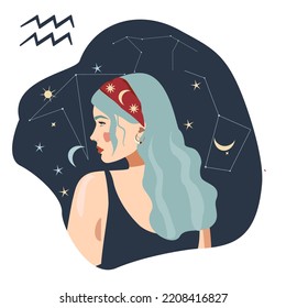 Aquarius woman against the background of stars and constellations. Illustration on the theme of horoscope, astrology, zodiac signs and isotherics. Aquarius couple zodiac and horoscope concept. Modern 