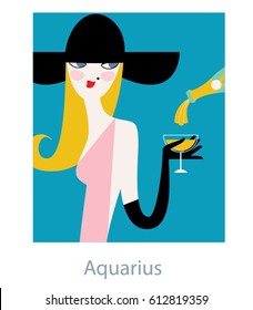 Aquarius Woman horoscope sign as a fashion girl wearing big black retro style hat and holding a glass of vine. Vector illustration