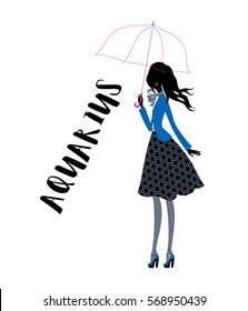 Aquarius woman horoscope sign as girl with the umbrella. Fashion woman silhouette. Vector illustration.