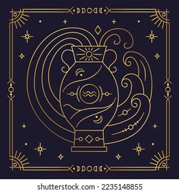 Aquarius zodiac astrological horoscope golden sign dark navy card. Stylized Water Bearer symbol of esoteric, zodiacal astrological calendar, horoscope constellation thin line vector illustration