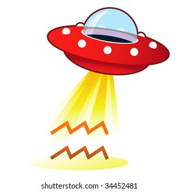 Aquarius zodiac astrology sign icon on retro flying saucer UFO with light beam.  Suitable for use on the web, in print, and on promotional materials.