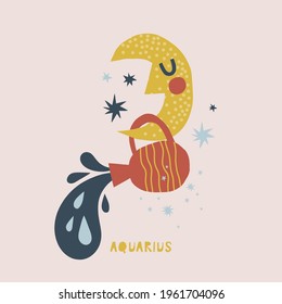 Aquarius zodiac character nursery poster. Cartoon crescent with jug of water horoscope vector illustration. Magical Boho baby spiritual astrological design. Scandinavian decorative childish print.