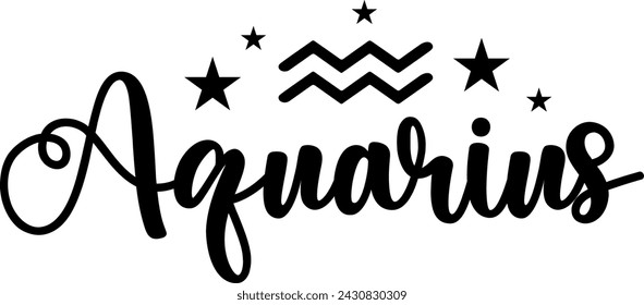 Aquarius Zodiac clip art typography design on plain blanco transparente fondo aislado para tarjeta, camisa, sudadera, sudadera, ropa, etiqueta, taza, icono, póster o insignia