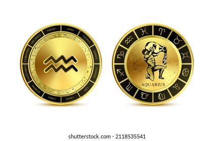 Aquarius zodiac coin isolated on a white background. Witchcraft astrology for zodiac constellations. Modern magic divination. Gold coins sign. Realistic 3D vector EPS10 illustration.