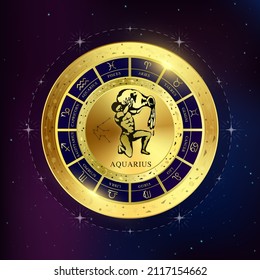 Aquarius zodiac coin. Witchcraft astrology for zodiac constellations. Modern magic divination. Gold coins sign isolated on a blue background esoteric. Realistic 3D vector EPS10 illustration.