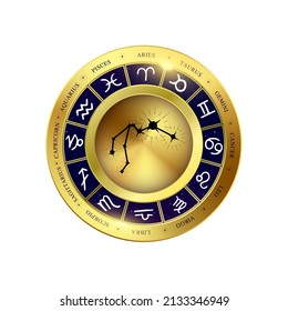 Aquarius zodiac coin. Witchcraft astrology for zodiac constellations. Modern magic divination. Gold coins sign isolated on a white background esoteric. Realistic 3D vector EPS10 illustration.