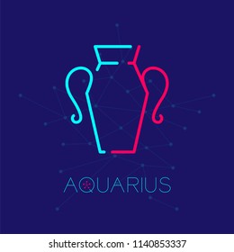 Aquarius Zodiac constellation logo icon outline stroke set dash line design illustration isolated on dark blue background with aquarius text and copy space