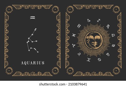 Aquarius zodiac constellation on black background, drawn horoscope card in engraving style. Vintage illustration of astrological sign with Sun and Crescent in vector.