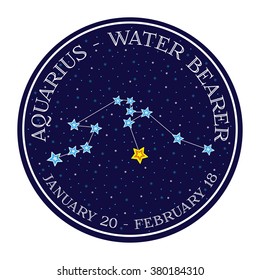 Aquarius zodiac constellation in space. Cute cartoon style vector illustration. Round emblem with zodiac sign name and dates