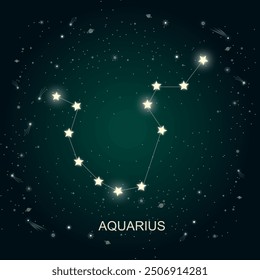 Aquarius zodiac constellation vector with glowing stars, set against a cosmic night sky. Perfect for astrology designs, horoscope themes, and celestial-inspired projects.