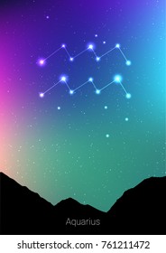 Aquarius zodiac constellations sign with forest landscape silhouette on beautiful starry sky with galaxy and space behind. Aquarius horoscope symbol constellation on deep cosmos background.