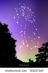 Aquarius zodiac constellations sign with forest landscape silhouette on beautiful starry sky with galaxy and space behind. Aquarius horoscope symbol constellation on deep cosmos background.