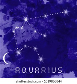 Aquarius zodiac constellations sign on beautiful starry sky with galaxy and space behind. Aquarium horoscope symbol constellation on deep cosmos background. vector watercolor style 