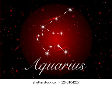 Aquarius zodiac constellations sign on beautiful starry sky with galaxy and space behind. Aquarium horoscope symbol constellation on deep cosmos background. vector red background 