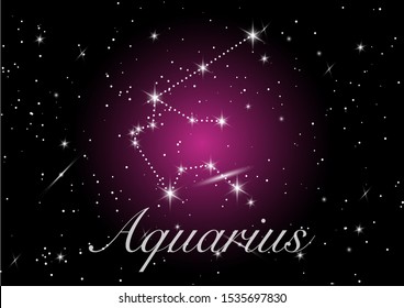 Aquarius zodiac constellations sign on beautiful starry sky with galaxy and space behind. Aquarium horoscope symbol constellation on deep purple cosmos background