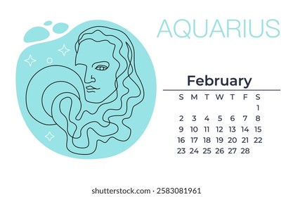 Aquarius zodiac design with a line art portrait, wavy hair, and water elements. It includes the word "Aquarius" and a February calendar