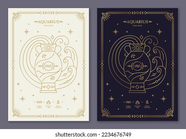 Aquarius zodiac horoscope golden signs on dark navy and white cards set. Water Bearer symbols of zodiacal astrological calendar, horoscope constellation, cover design thin line vector illustration