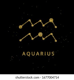 Aquarius zodiac horoscope sign, astrology simbol in golden shiny glittered style on black sky background.