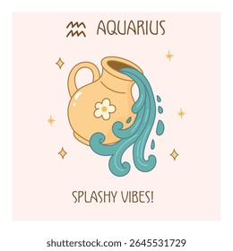 Aquarius zodiac poster with cartoon water jar pouring splash