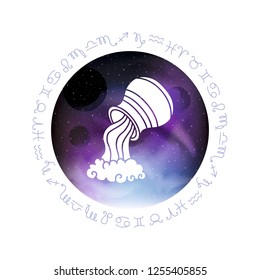 Aquarius Zodiac sign. Abstract space dark sky background with dots stars. Astrology Illustration