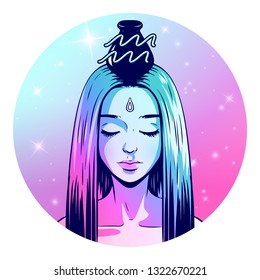 Aquarius zodiac sign artwork, beautiful girl face, horoscope symbol, star sign, vector illustration