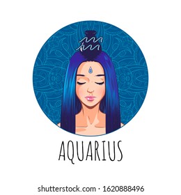 Aquarius zodiac sign artwork, beautiful girl face, horoscope symbol, star sign, vector illustration