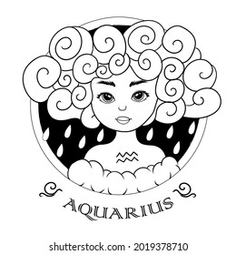 Aquarius Zodiac sign. Astrological black-white icons. A set of pretty girls with different hairstyles. Astronomy. Vector illustration isolated on white background.