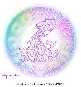 Aquarius Zodiac sign. Astrological horoscope collection. Violet on soft ultra violet space  background. Vector illustration