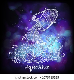 Aquarius Zodiac sign. Astrological horoscope collection. White on dark  blue and ultra violet space  background. Vector illustration