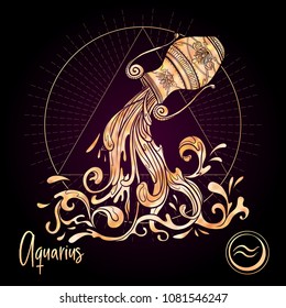 Aquarius Zodiac sign. Astrological horoscope collection. Rose gold on black dackground. Vector illustration