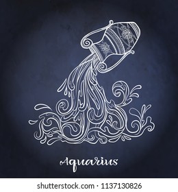 Aquarius Zodiac sign. Astrological horoscope collection. White on dark  blue, black space  background. Vector illustration