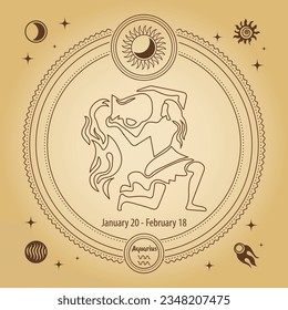 Signo de Aquarius zodiac, signo de horoscopio astrológico. Dibujo de esquema en un círculo decorativo con símbolos astronómicos místicos. Vector	
