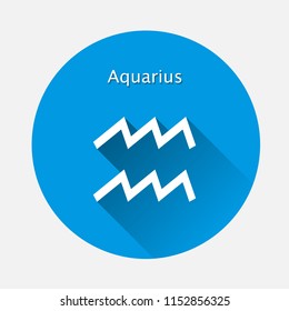 Aquarius zodiac sign. Astrological symbol icon in circle with  long shadow  on blue background.Layers grouped for easy editing illustration. For your design.