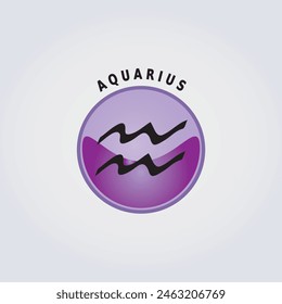Aquarius Zodiac Sign Astrology Icon with Name on Light Background, Violet Purple Color Button