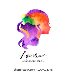 Aquarius Zodiac Sign. Beautiful Girl Silhouette. Vector Illustration. Horoscope Series