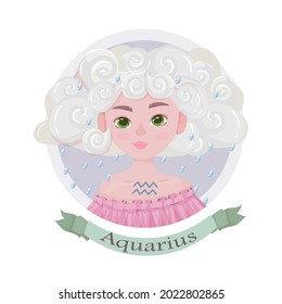 Aquarius Zodiac sign as a beautiful girl with lush hair. Set of bright signs of the zodiac. Horoscope. Astronomy. Vector illustration isolated on white background.