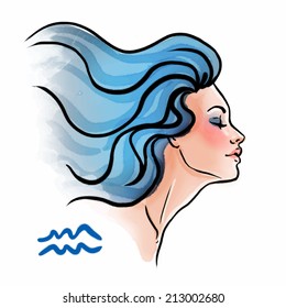 Aquarius zodiac sign as a beautiful girl. Ink and watercolor fashion vector illustration 