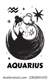 Aquarius zodiac sign, beautiful woman in a dress pours water from a jug, astrology boho card, air element. Vector vintage hand drawing, modern mystical banner.