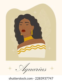 Aquarius zodiac sign black woman cartoon illustration. Aamerican lady in beige dress astrological symbol. 