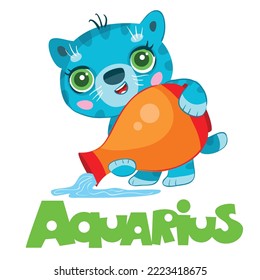 Aquarius zodiac sign, blue cat pours water from a jug, year of the cat, isolated object on a white background, cartoon illustration, vector, eps