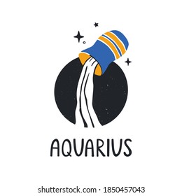 Aquarius zodiac sign. Bright astology icon with handwritten title isolatedon a white background. Vector shabby hand drawn illustration