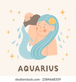 Aquarius - zodiac sign. Cartoon vector illustrations in flat style. Beautiful woman with jug of water. Astrology symbol. Template for greeting card or banner