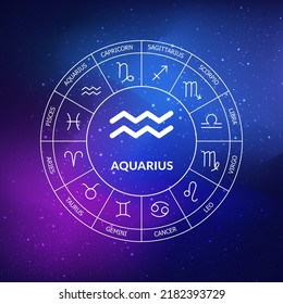 Aquarius zodiac sign. Zodiac circle on a dark blue background of the space. Astrology. Cosmogram. twelve signs of the zodiac. Vector illustration