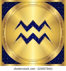 Aquarius Zodiac Sign, Classic Luxury Golden Greek Meander, Stellar Star Sign, Horoscope Astrology Fortune-Telling and Future Prediction, Element Badge Icon Vector Design Illustration.